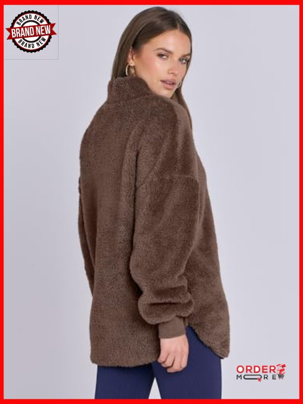 Oversized Sherpa Fleece Zip Up Hoodie Sweatshirt Pullover - Picture 4 of 7